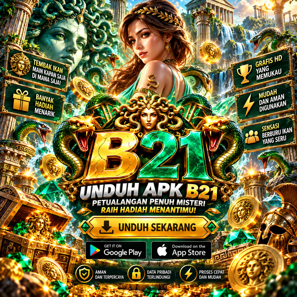 Unduh APK B21 bertema Medusa dengan ular, permata hijau, dan reruntuhan Yunani