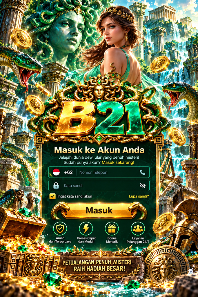 Login B21 bertema Medusa dengan ular, reruntuhan Yunani, dan nuansa hijau keemasan
